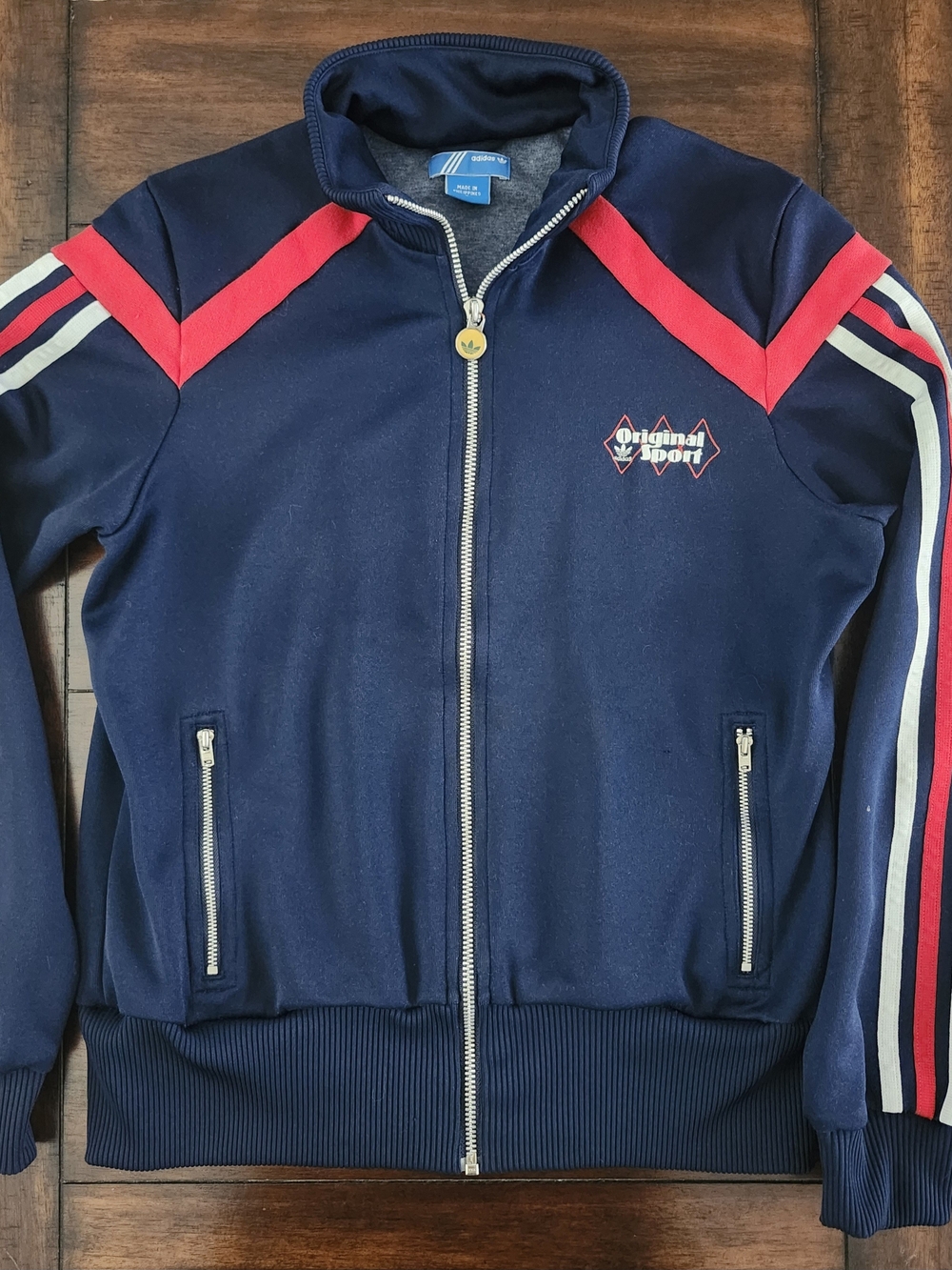 Vintage Adidas Navy Track Jacket with Red & White Stripes Small